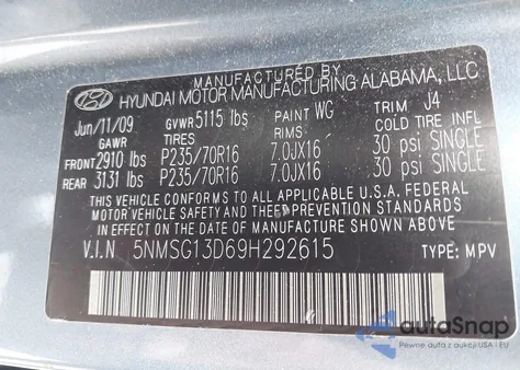 2009 Hyundai Santa Fe Gls из США, поврежденный, VIN 5NMSG13D69H292615